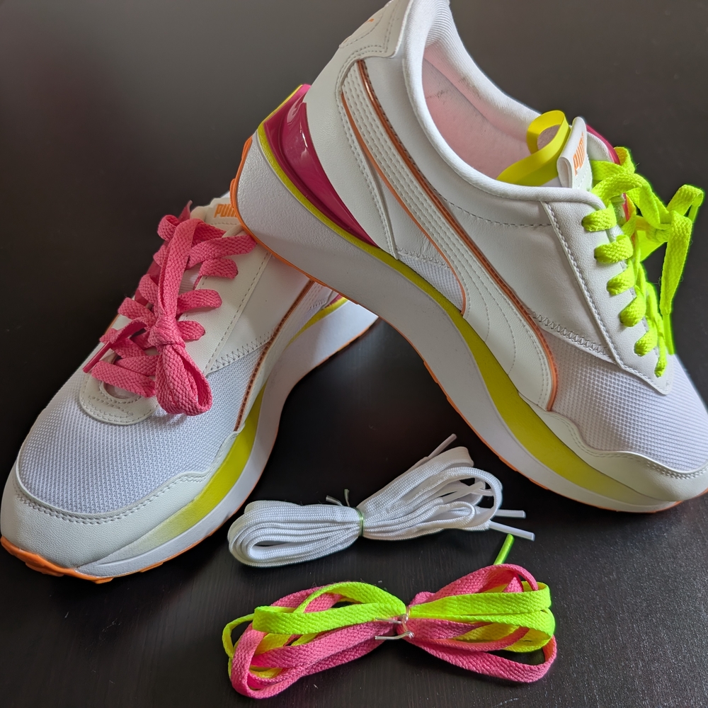 Puma Women's Cruise Rider City Lights Sneakers W/ Pink and Neon Yellow Accents